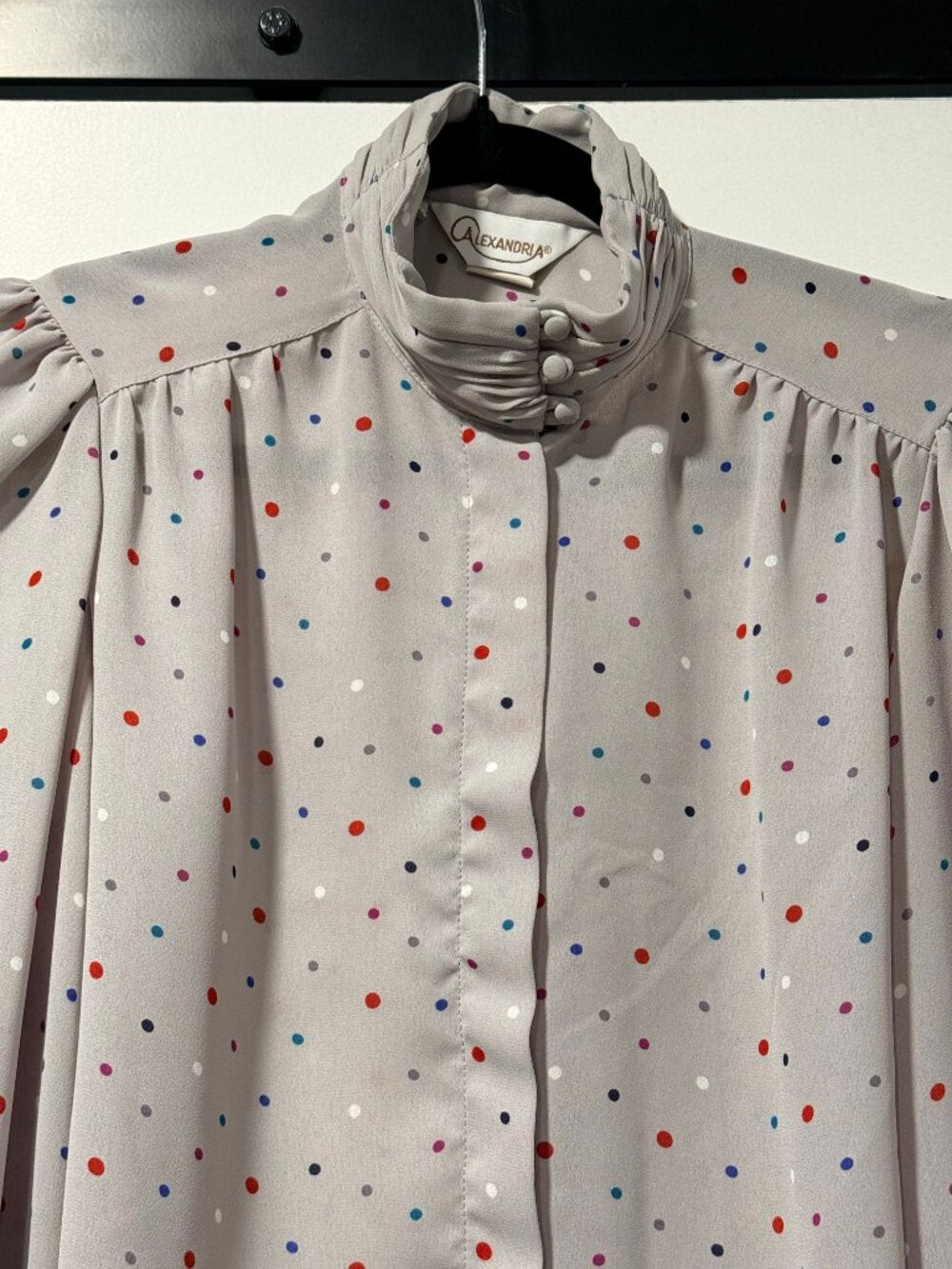 Vintage Alexandria Gray Polka Dot High Neck Blouse Ladies Size 8