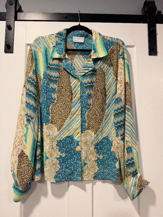 Vintage Swann Multicolor Retro-Patterned Geometric Polyester Blouse Size 16