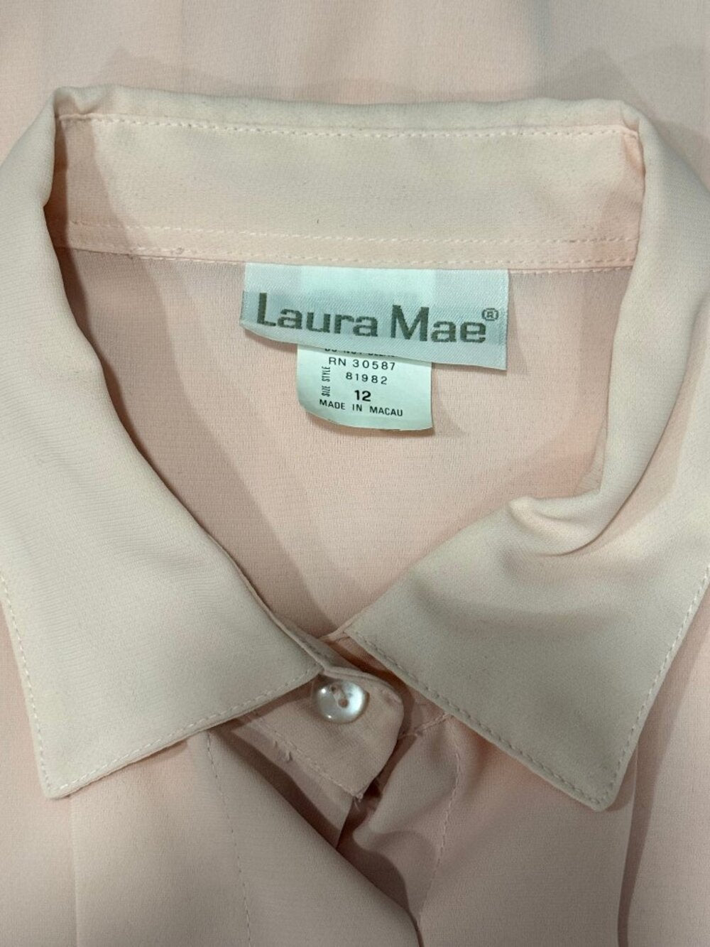 Vintage Laura Mae Light Pink Pleated Front Polyester Blouse Size 12