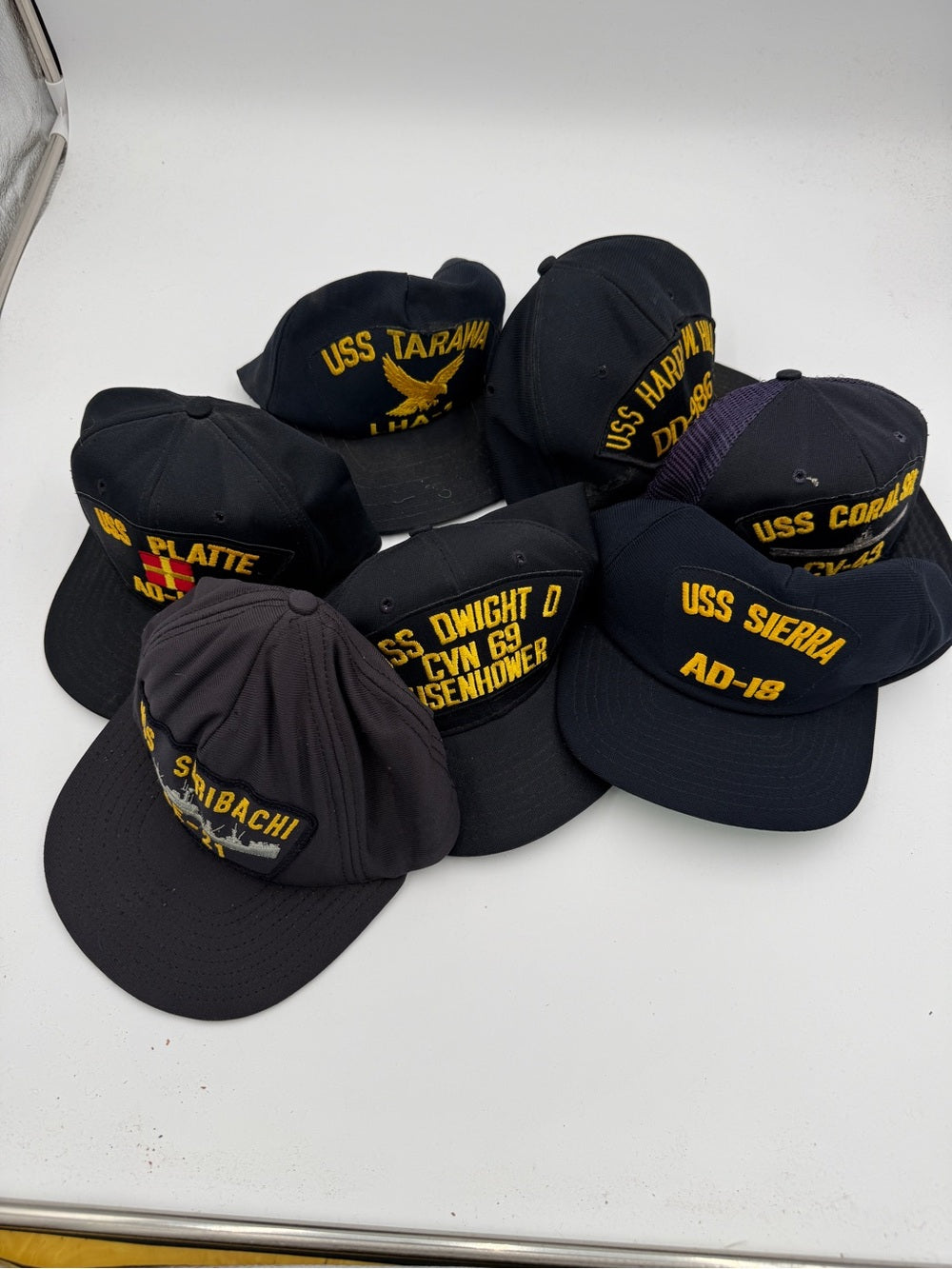 Amazing lot of 7 Vintage Navy USS Ship Embroidered Cap Lot - Black and Navy