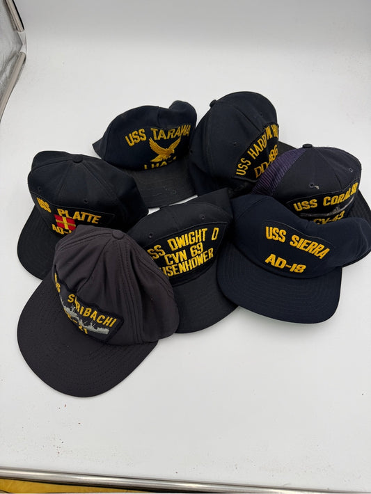 Amazing lot of 7 Vintage Navy USS Ship Embroidered Cap Lot - Black and Navy