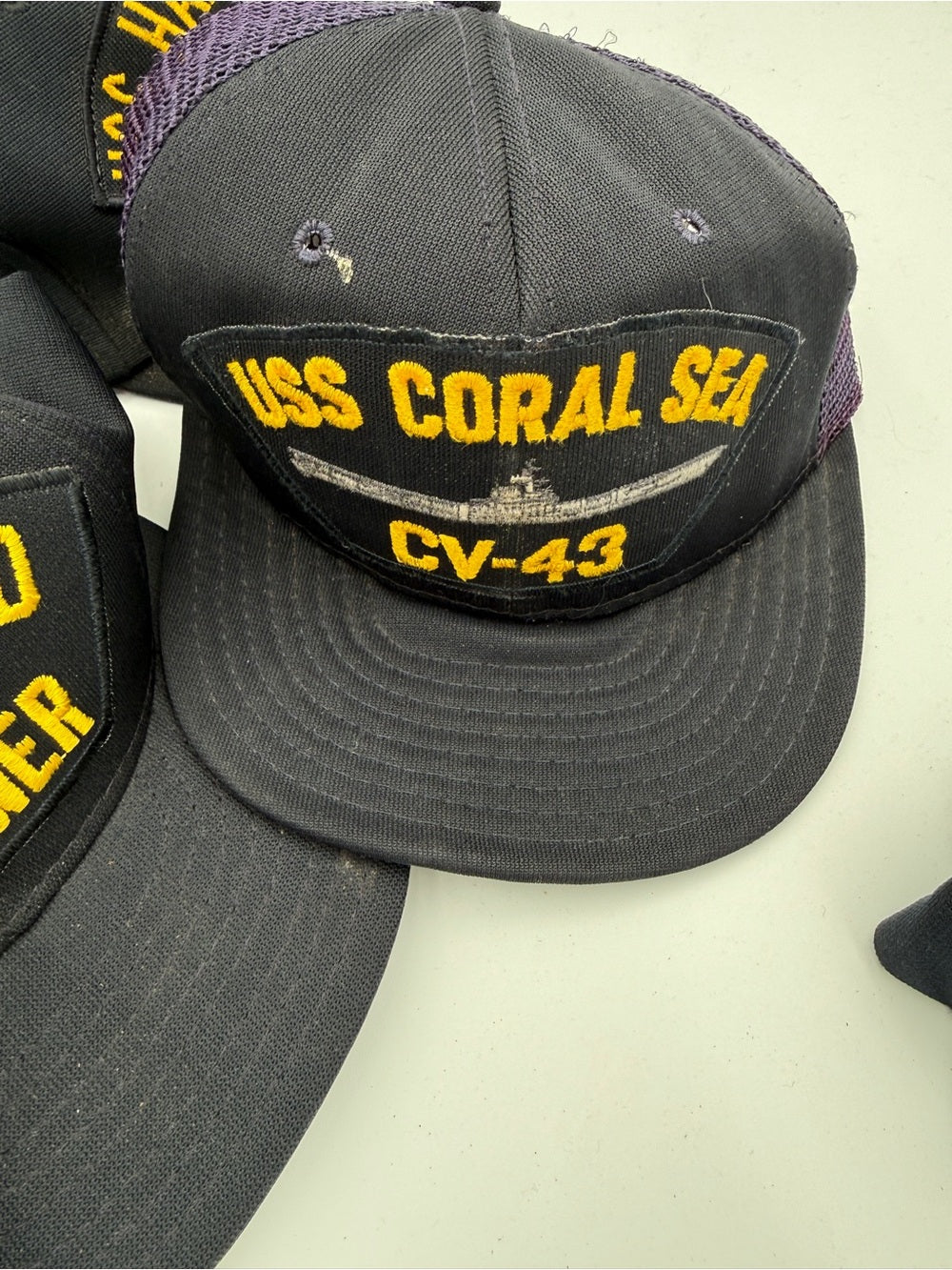 Amazing lot of 7 Vintage Navy USS Ship Embroidered Cap Lot - Black and Navy