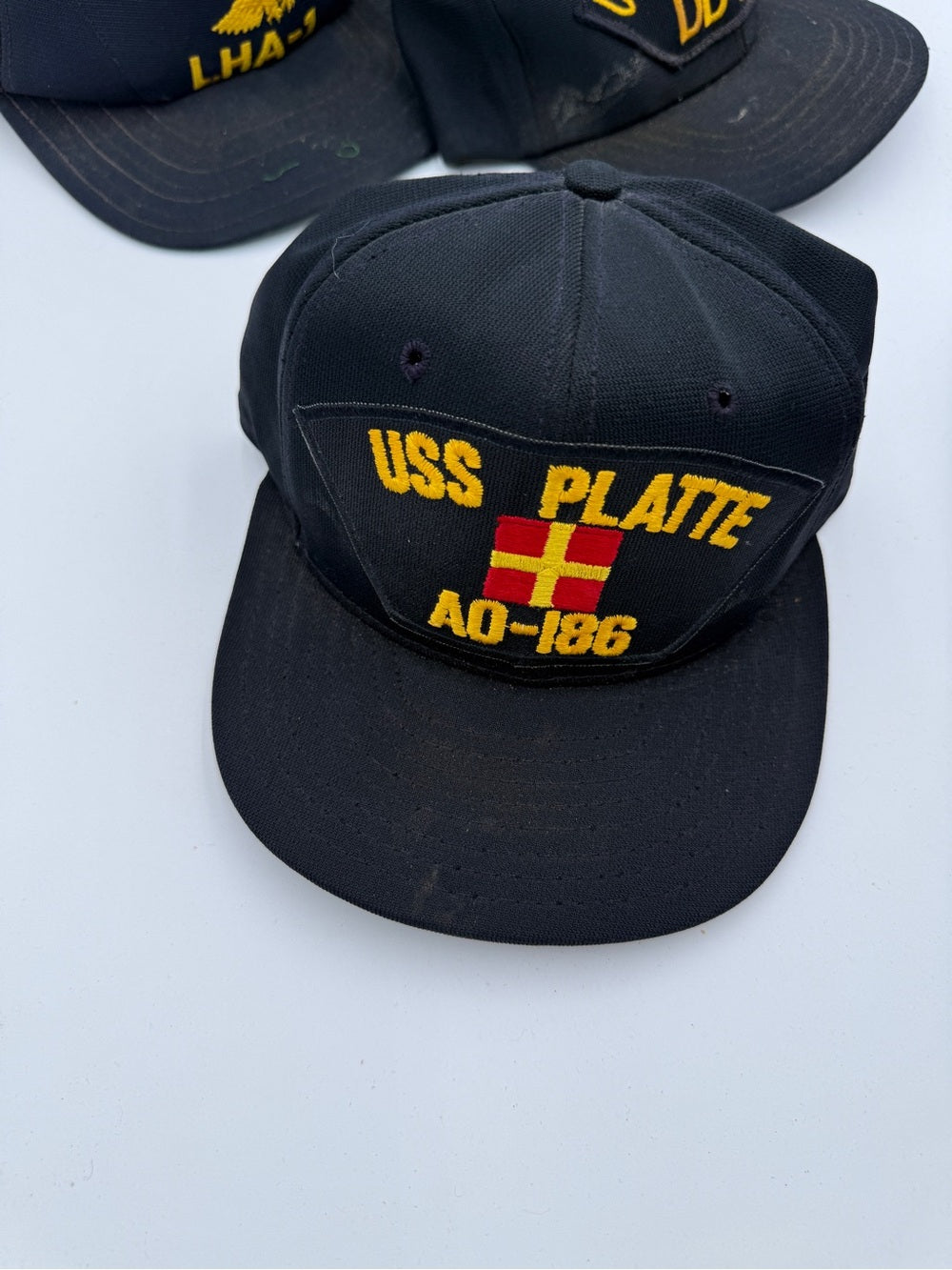 Amazing lot of 7 Vintage Navy USS Ship Embroidered Cap Lot - Black and Navy