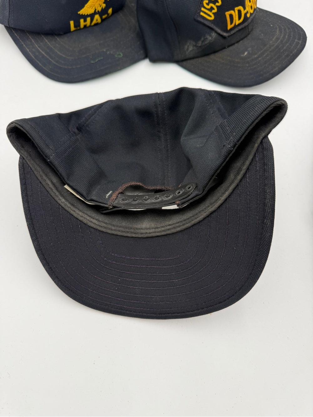 Amazing lot of 7 Vintage Navy USS Ship Embroidered Cap Lot - Black and Navy