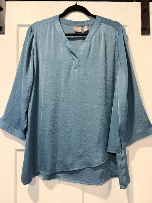 Chico's Blue Silky Asymmetrical Hem Dressy Blouse Size 3 (Ladies Size XL)
