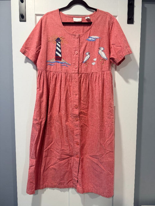 Vintage Cabernet Embroidered Lighthouse Short-Sleeve Red Cotton Dress Size Large