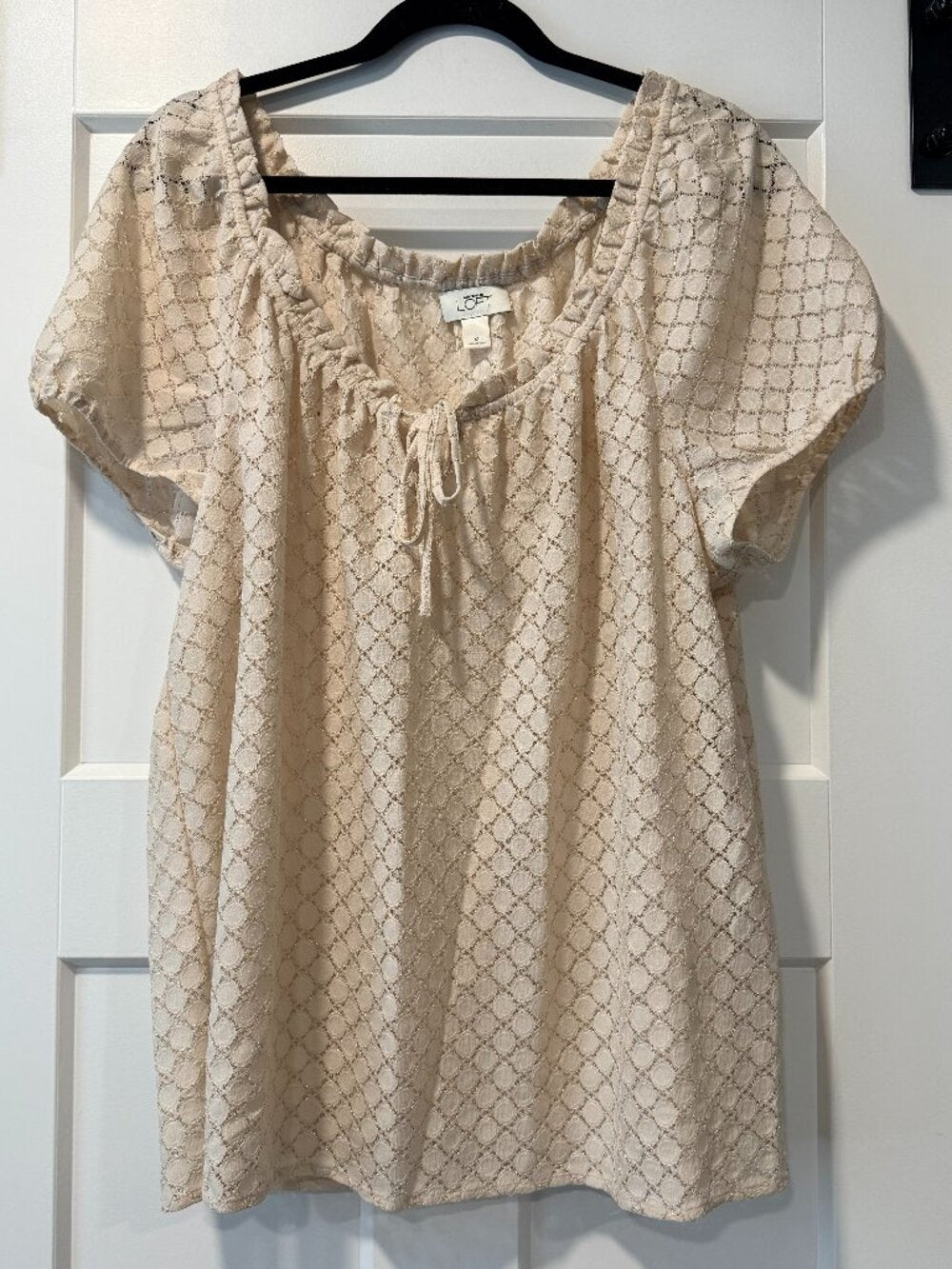 Ann Taylor Loft Textured Puff Short-Sleeve Blouse w/ Gold Thread Size XL