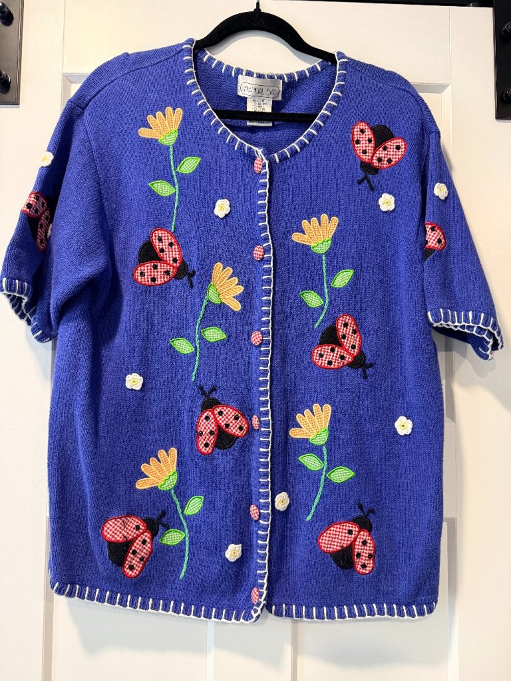 Vintage Mandal Bay Applique Ladybug & Daisy Short-Sleeve Sweater XL