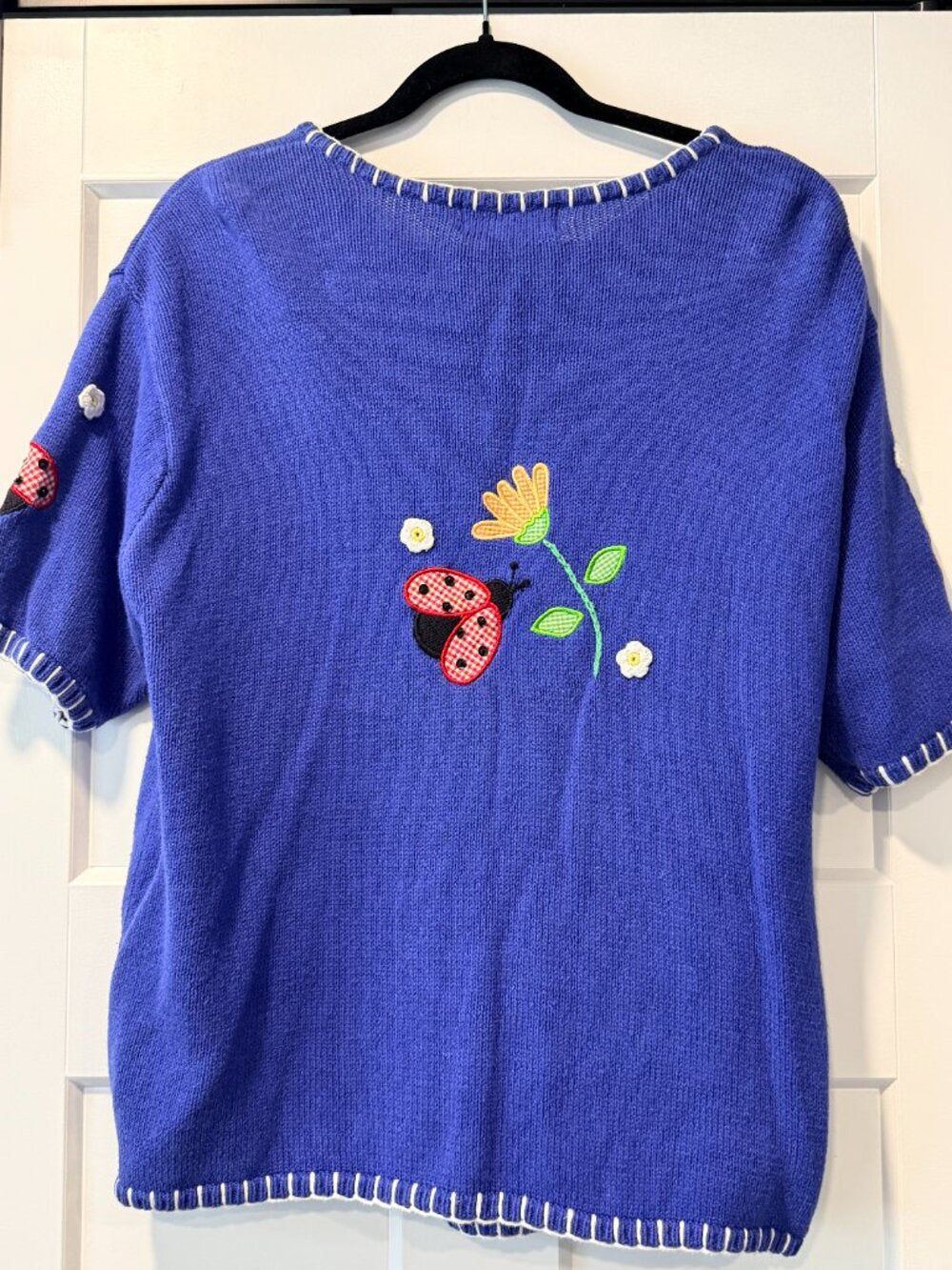 Vintage Mandal Bay Applique Ladybug & Daisy Short-Sleeve Sweater XL