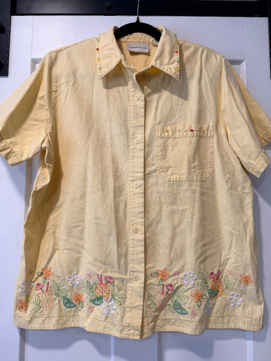 Vintage Alfred Dunner Short-Sleeve Yellow Floral Applique Blouse Size 14