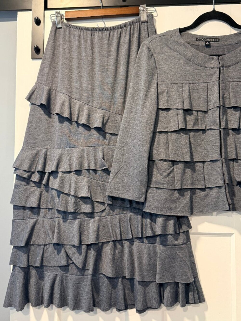 Coco Bianco Knit Skirt & Top Outfit in Gray With Tiered Ruffles