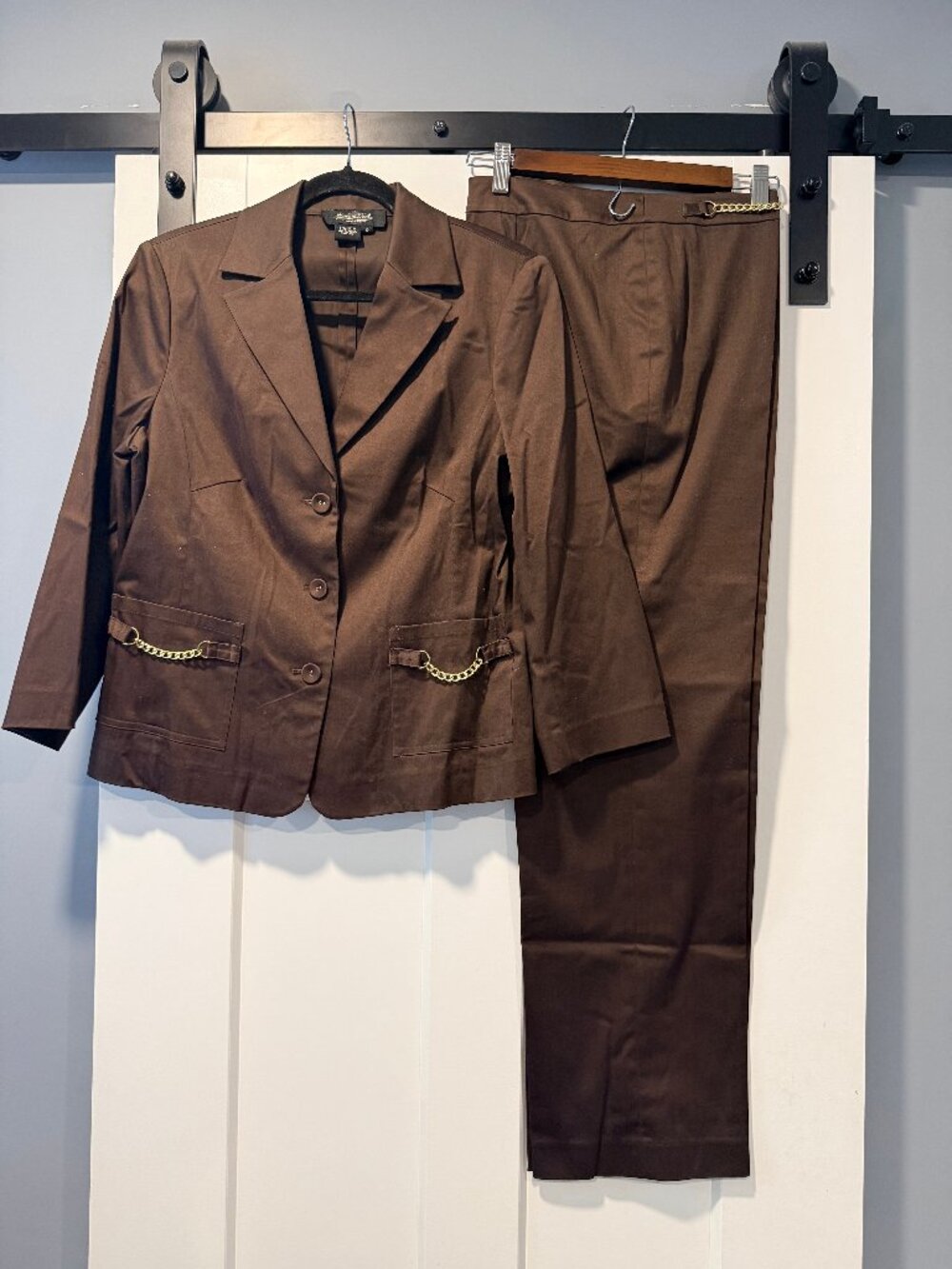 Vintage Peck & Peck Chocolate Brown Stretch Pantsuit Jacket & Pants w/ Gold Trim