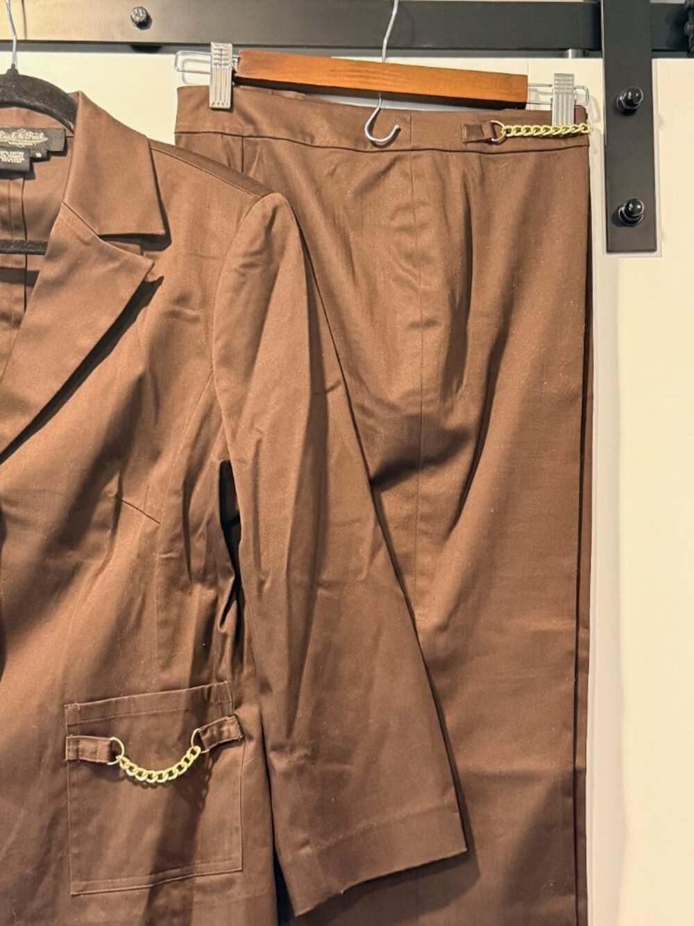 Vintage Peck & Peck Chocolate Brown Stretch Pantsuit Jacket & Pants w/ Gold Trim