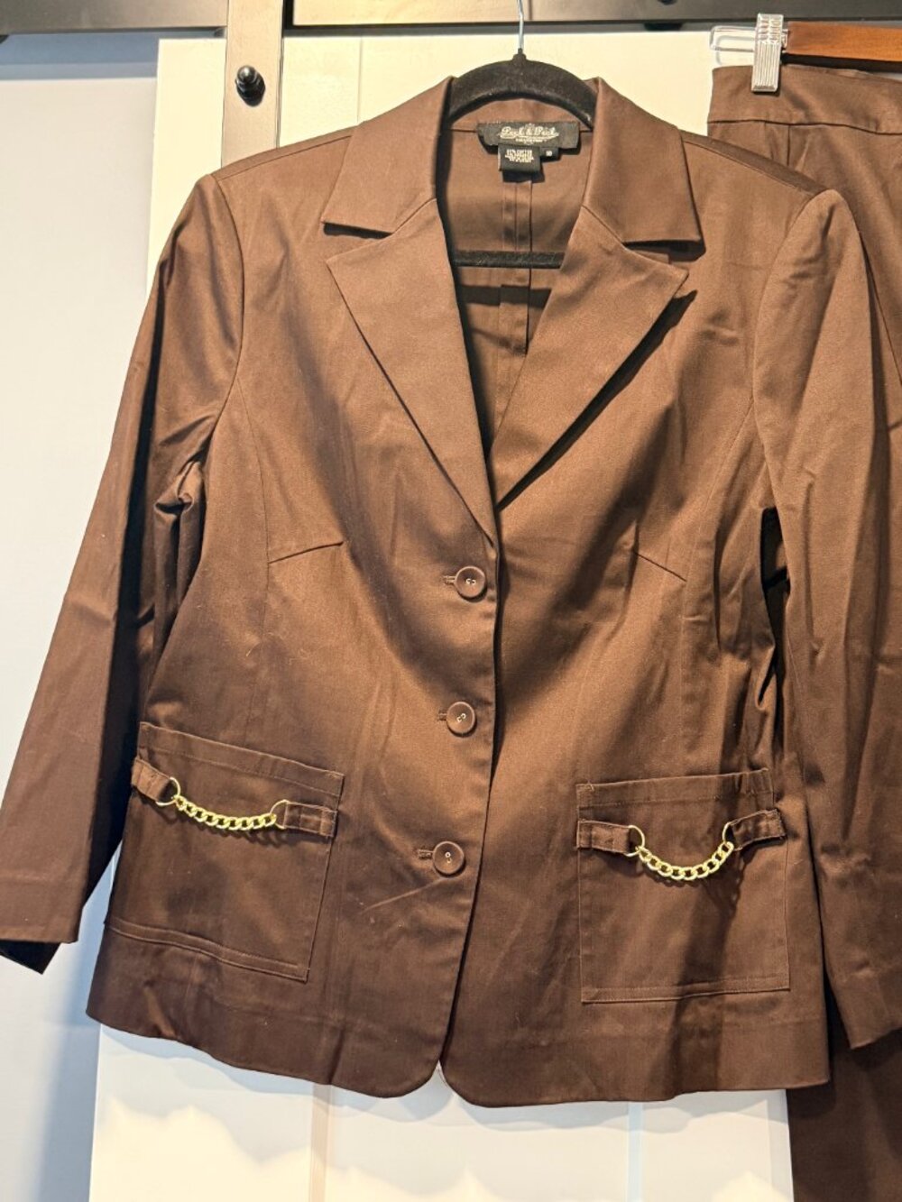 Vintage Peck & Peck Chocolate Brown Stretch Pantsuit Jacket & Pants w/ Gold Trim