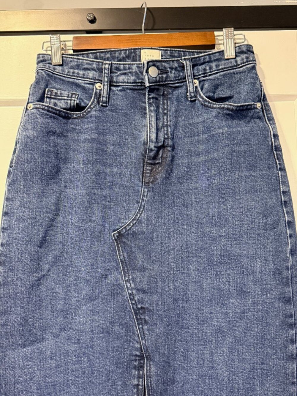 A New Day Straight Blue Jean Denim Stretch Skirt w/ Front Slit