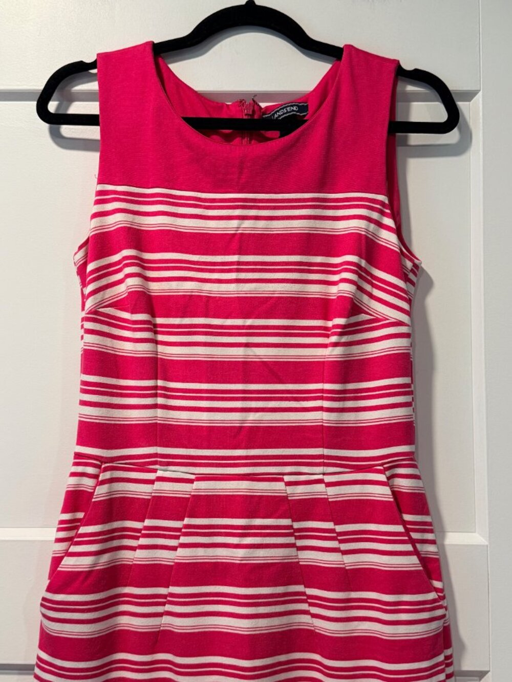 Lands' End Pink and White Stripe Scuba Knit Sleeveless Dress