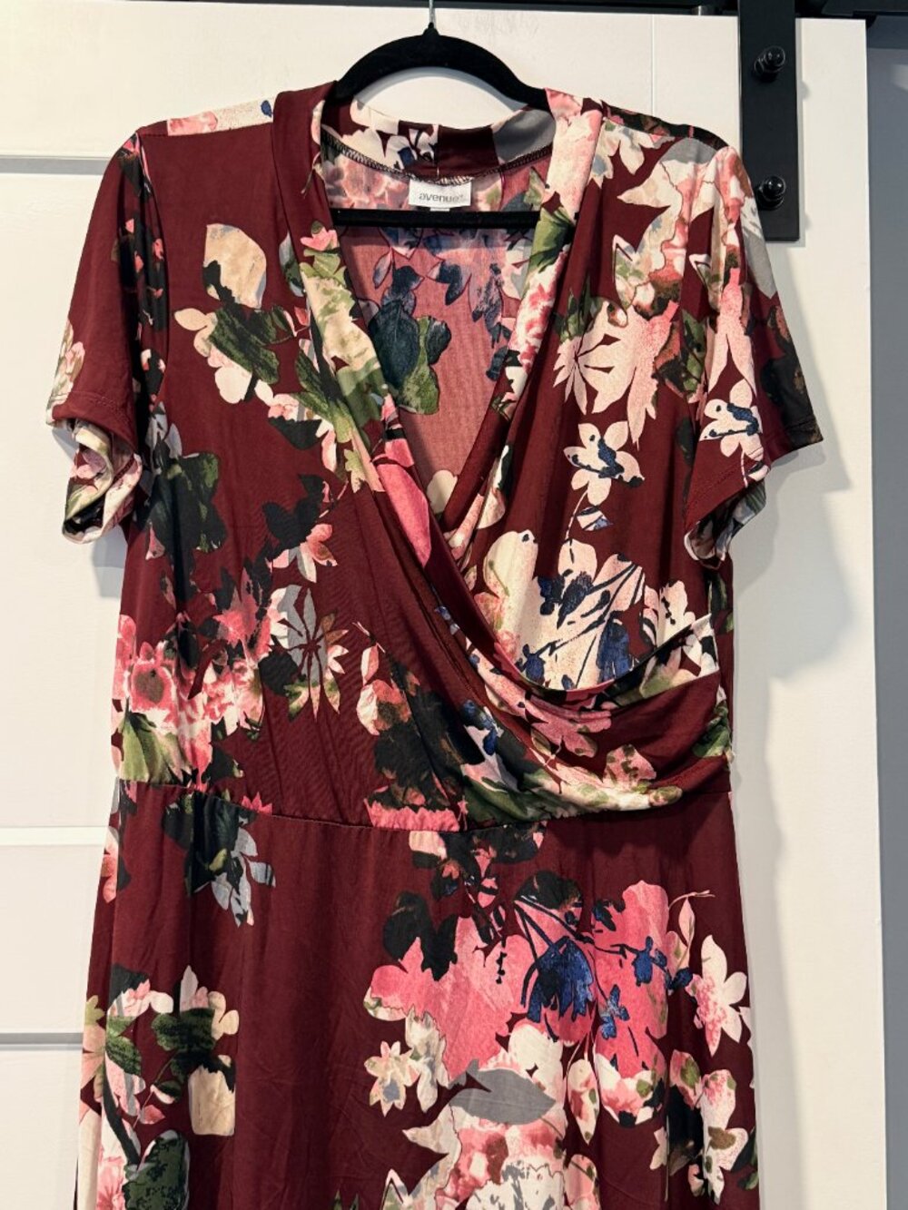 Avenue Burgundy Floral Print Short-Sleeve Crossover Bodice Dress