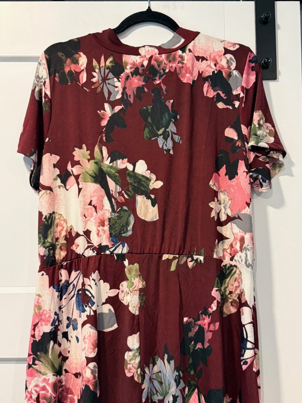Avenue Burgundy Floral Print Short-Sleeve Crossover Bodice Dress