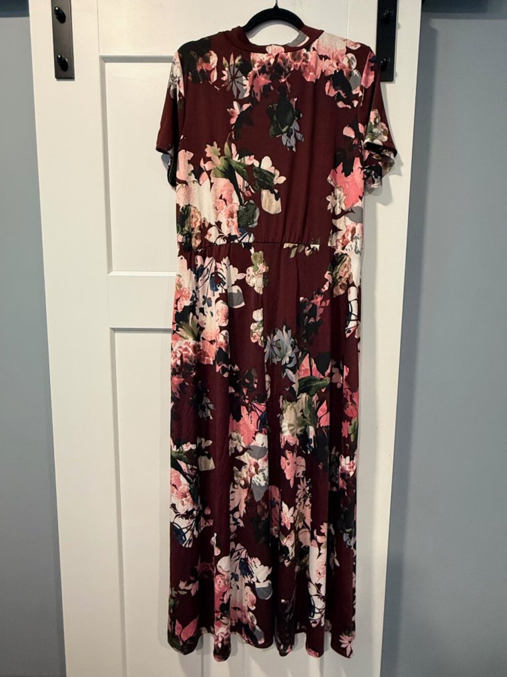 Avenue Burgundy Floral Print Short-Sleeve Crossover Bodice Dress